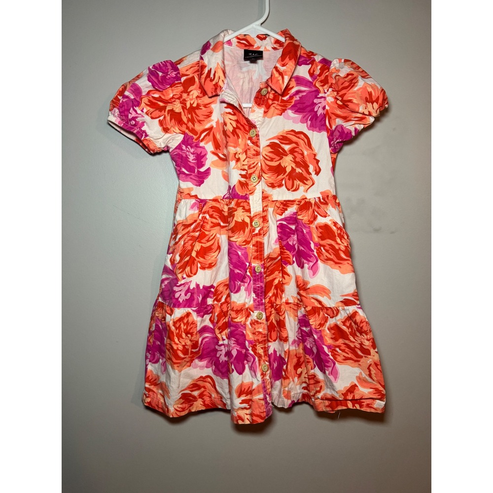 Zac Kids Floral Shirt Dress Orange Pink Tiered Button Front Pockets 6-6X ZP0168N